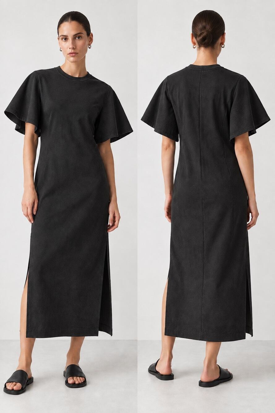 Avant Garde 90s Minimalist Cape Sleeve Column Midi Dress Side Slit COS Black S